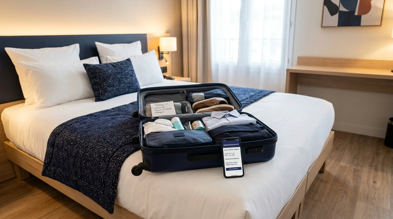 Valise et smartphone de réservation posés sur un lit d'hôtel pour un départ de dernière minute