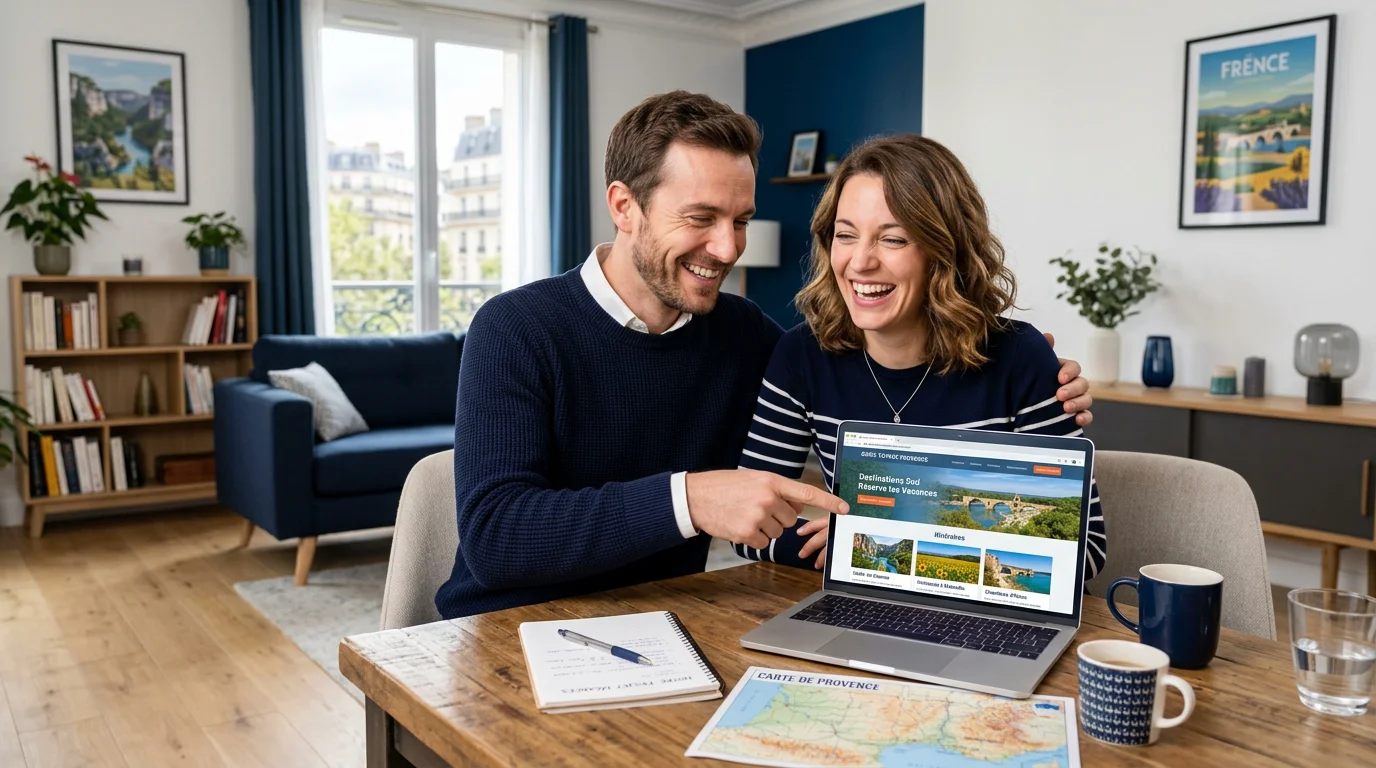 Couple européen comparant des offres de séjour de dernière minute sur un ordinateur portable