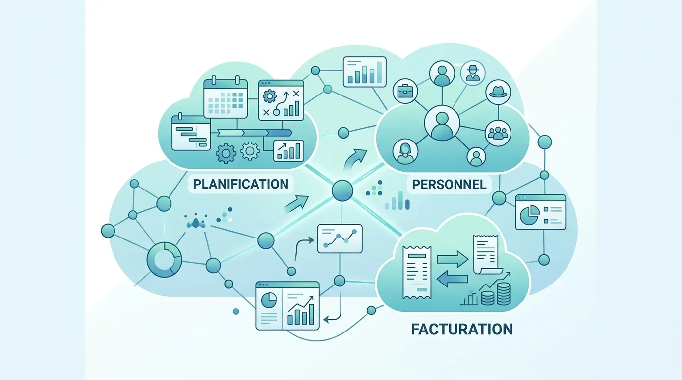 Représentation d'une plateforme SaaS reliant planning, staffing et facturation