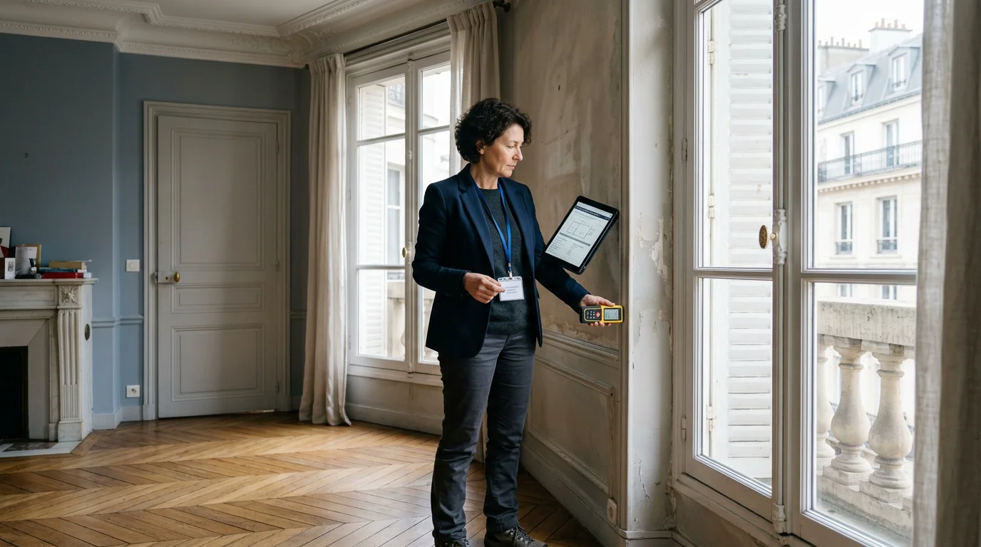 Un diagnostiqueur immobilier certifié inspecte un logement à l'aide d'une tablette
