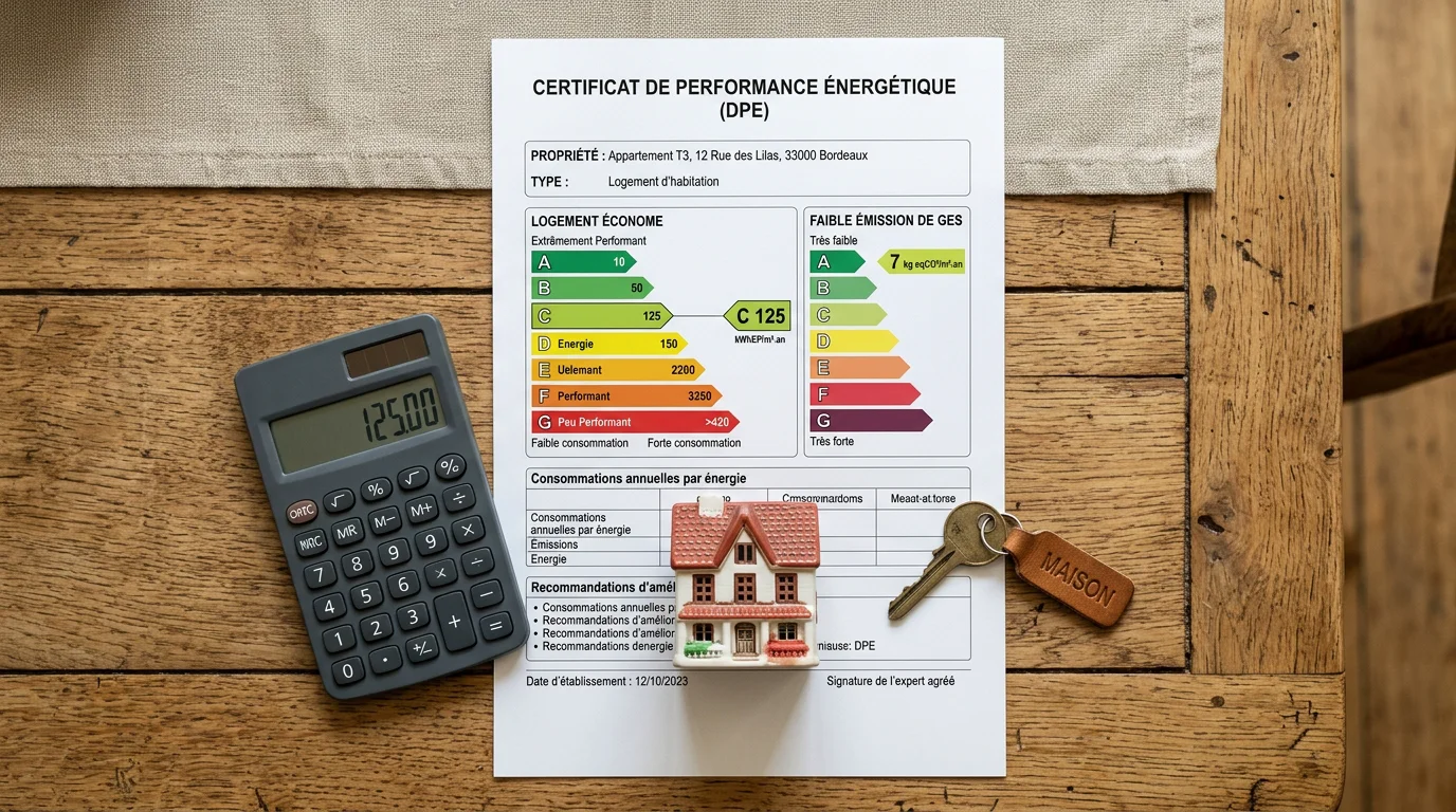 Étiquette énergétique DPE avec échelle de couleurs et clé de maison