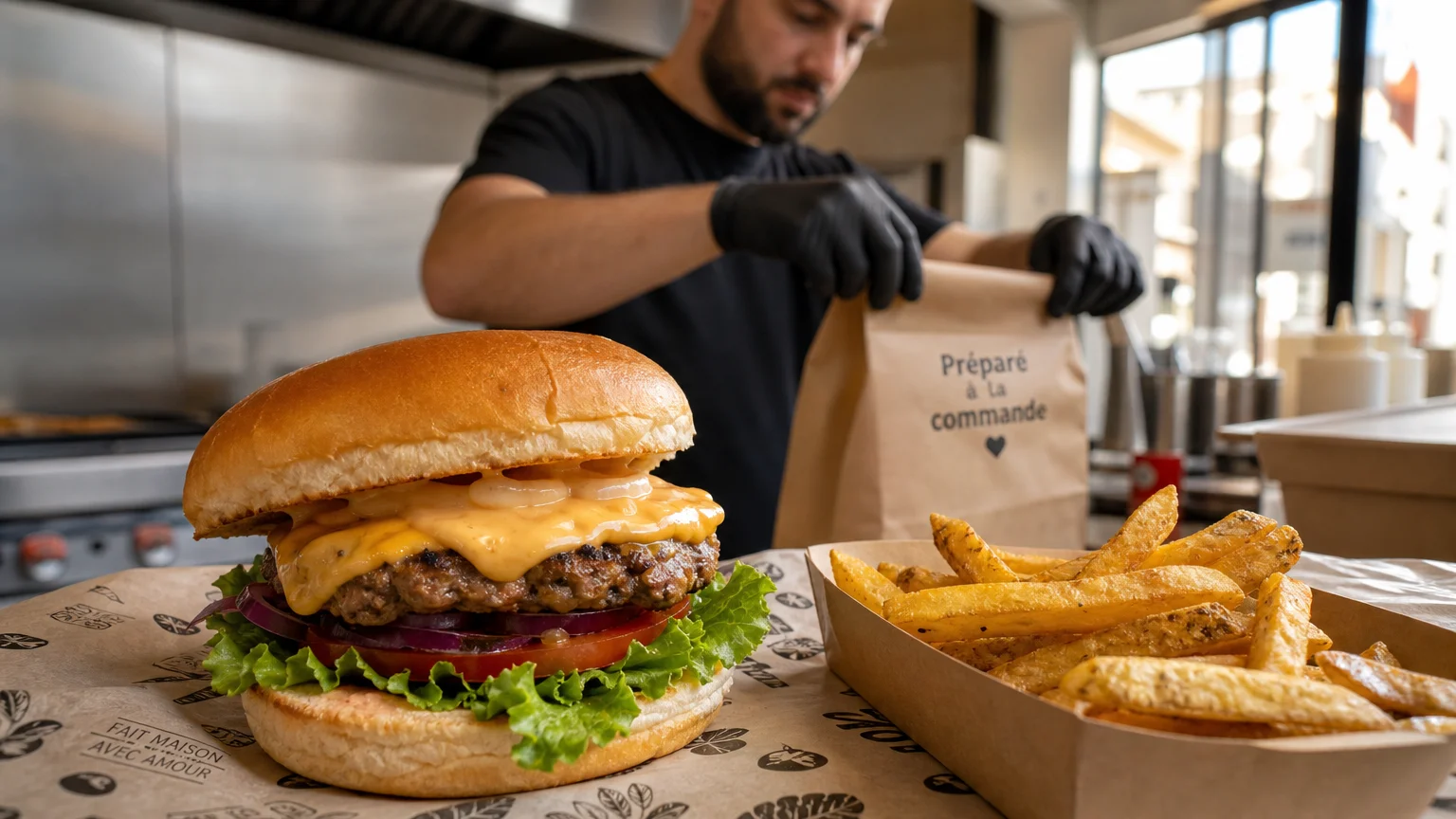 Burger maison accompagné de frites dans une cuisine artisanale