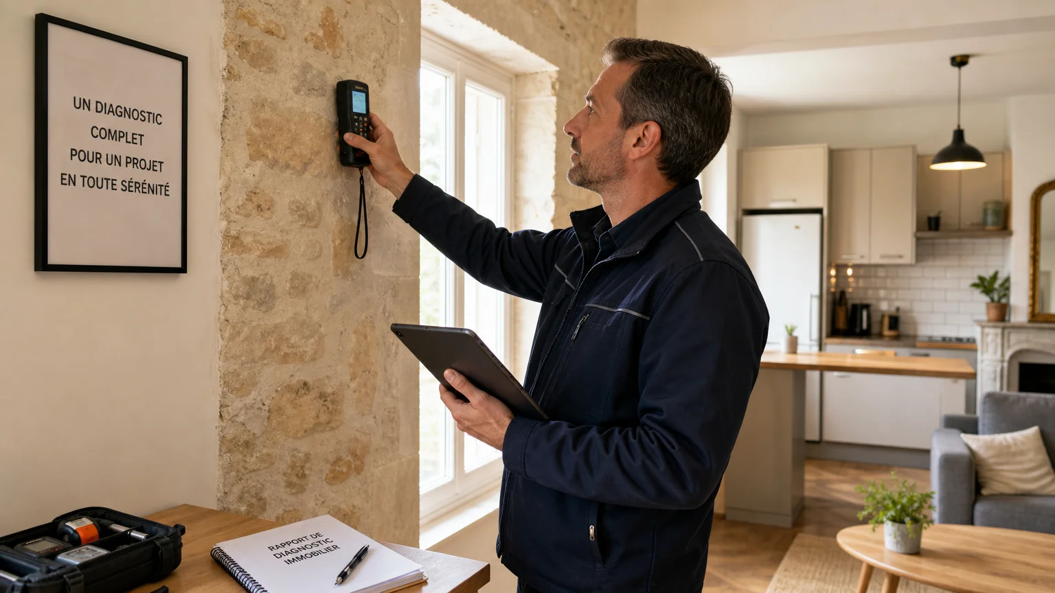 Un diagnostiqueur certifié inspecte un logement avec une tablette
