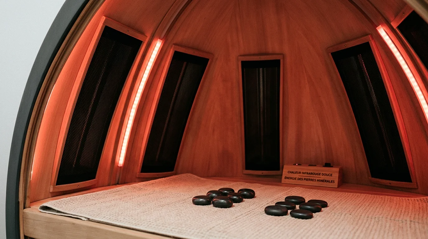 Gros plan sur les panneaux infrarouges, la LED rouge et les pierres minérales d'un sauna dôme japonais
