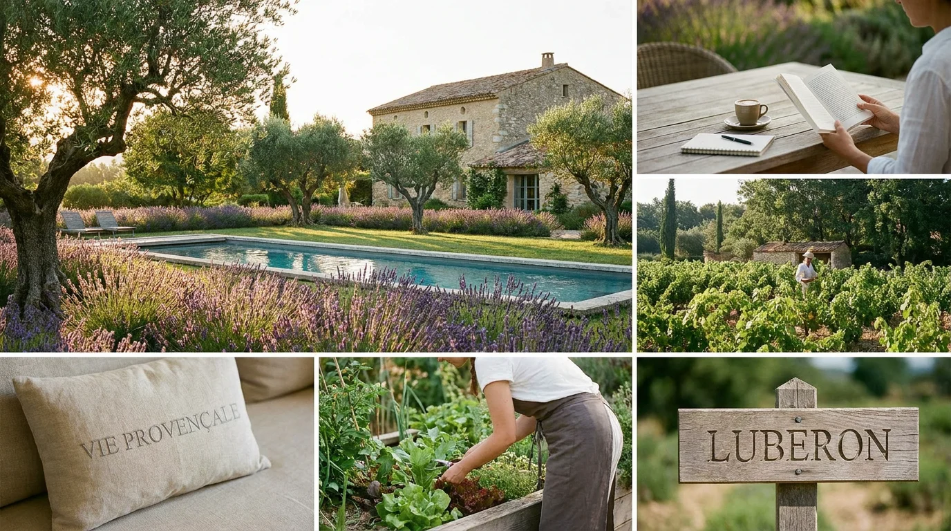 Piscine entourée de lavande et d'oliviers dans le Luberon en été
