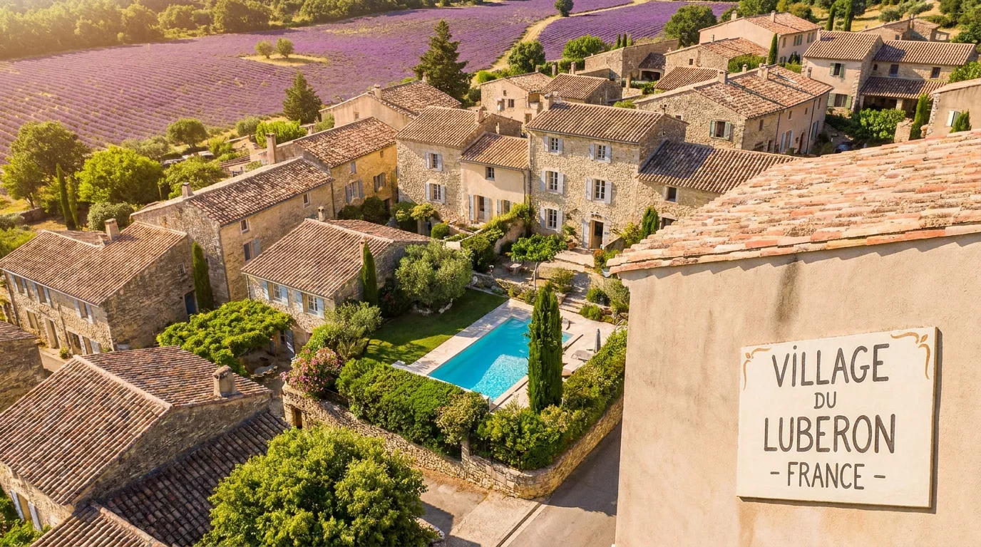 Village provençal du Luberon avec piscine dans un jardin et champs de lavande