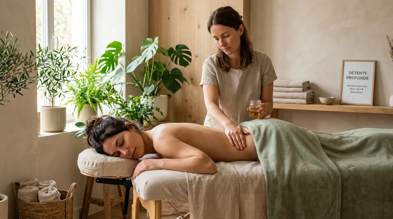 Femme recevant un massage relaxant du dos dans un institut de bien-être