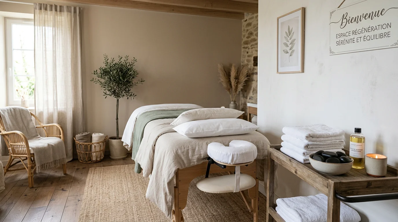 Cabine de massage épurée aux tons naturels dans un institut de bien-être