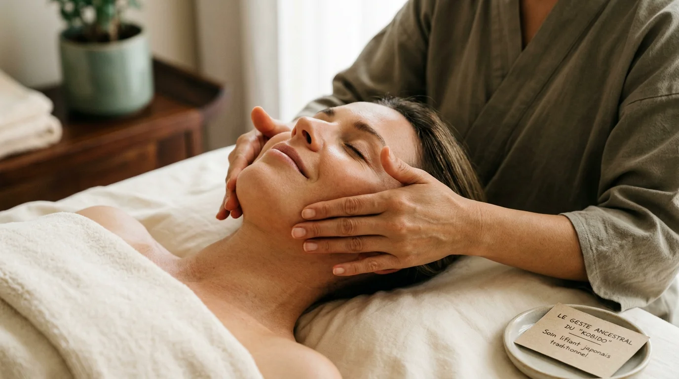Femme recevant un massage liftant du visage inspiré du Kobido japonais