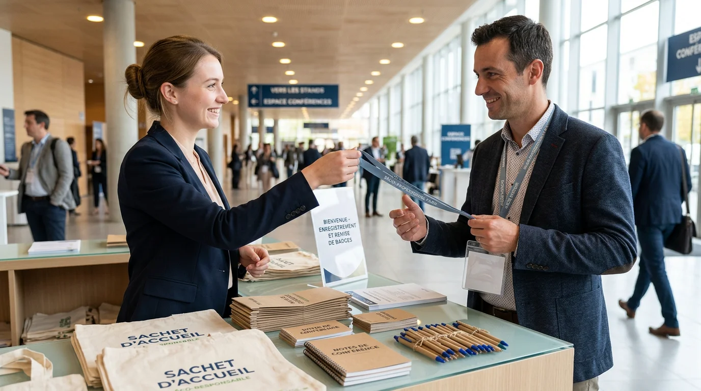 Remise d'un tour de cou personnalisé avec porte-badge à l'accueil d'un salon professionnel