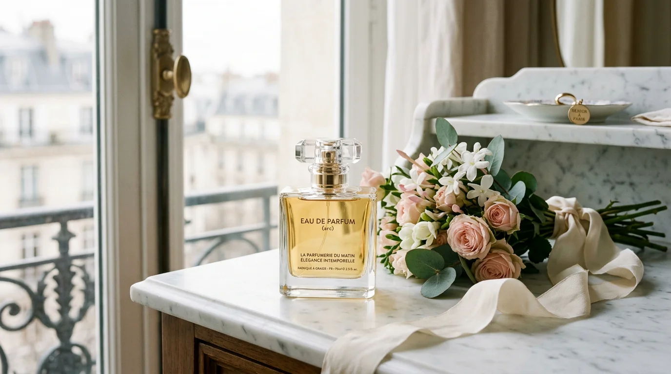 Flacon de parfum de luxe pour femme posé sur une coiffeuse en marbre