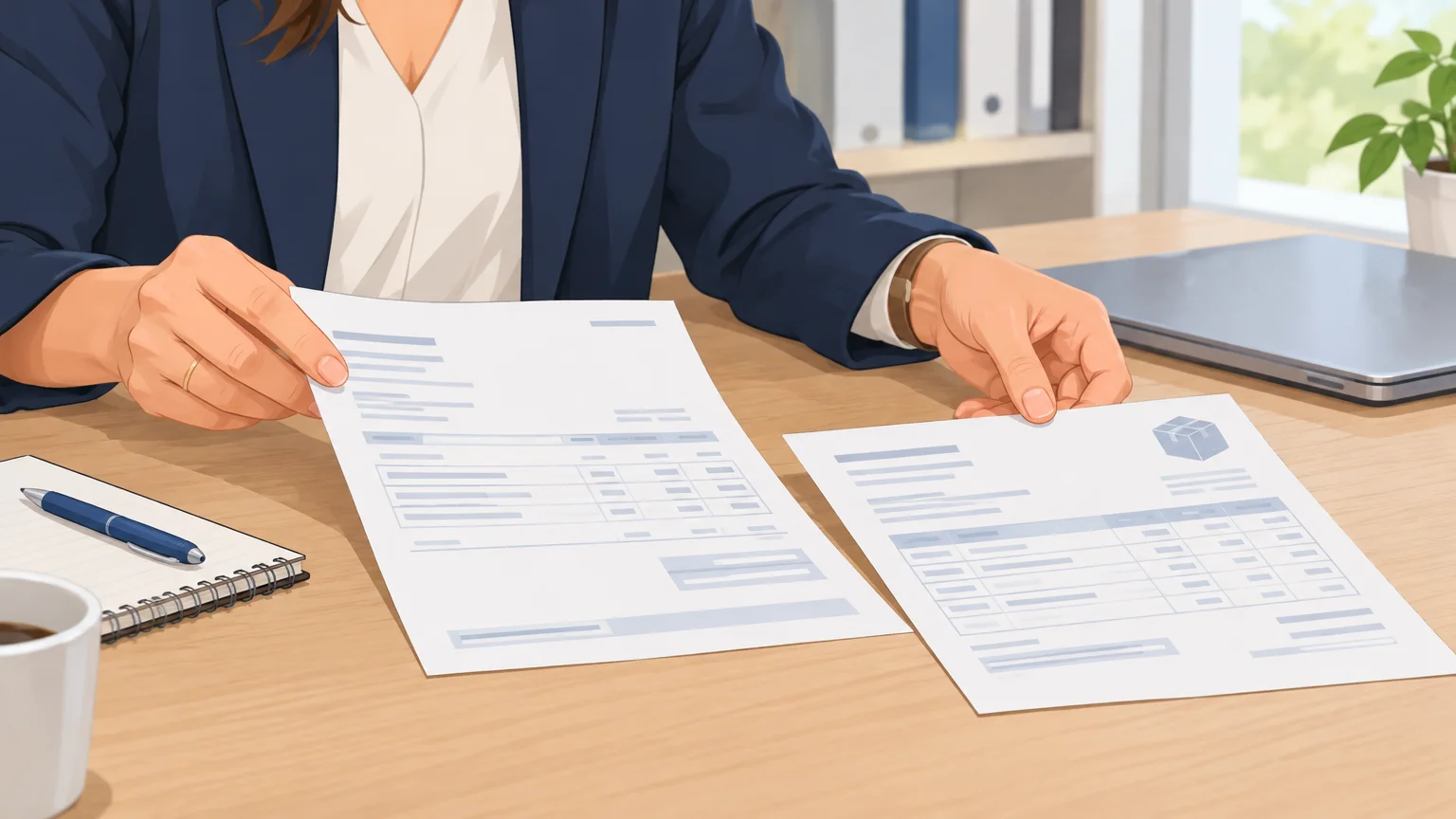 Une professionnelle vérifie une facture et un bon de livraison dans un bureau de PME.