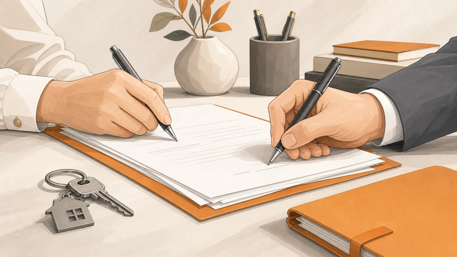 Gros plan illustré de mains signant un accord de partage avec une clé de maison sur un bureau juridique.