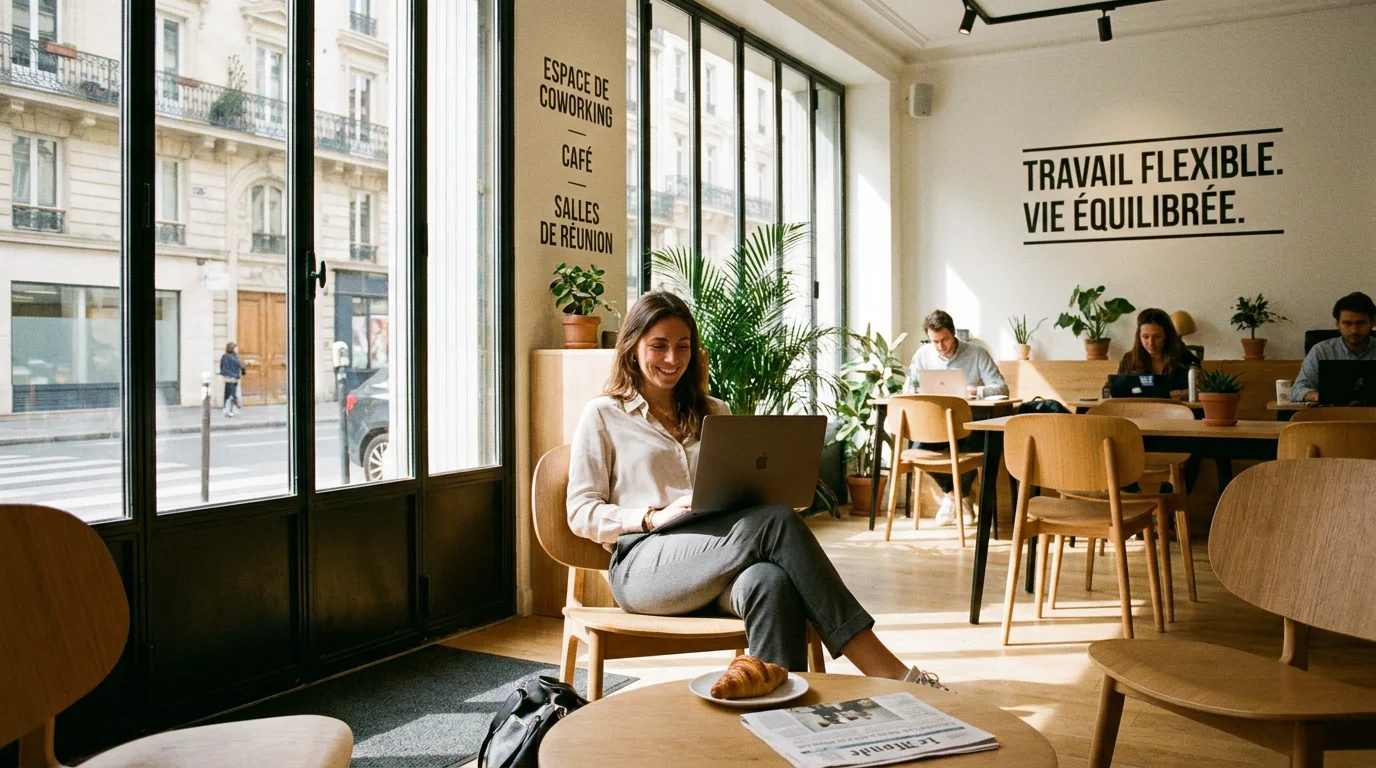 Personne travaillant sur un ordinateur portable dans un espace de coworking moderne