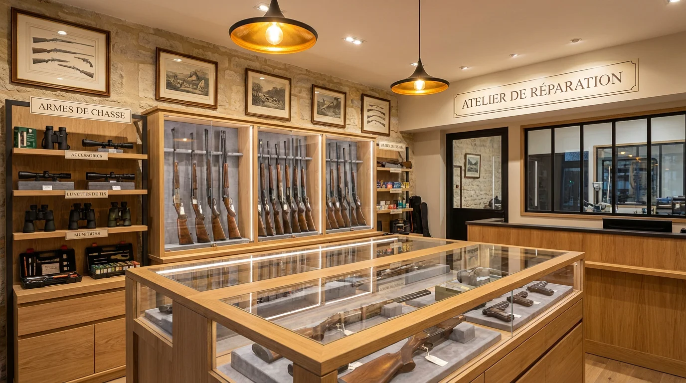 Intérieur d'une armurerie française avec vitrines d'armes à feu et accessoires