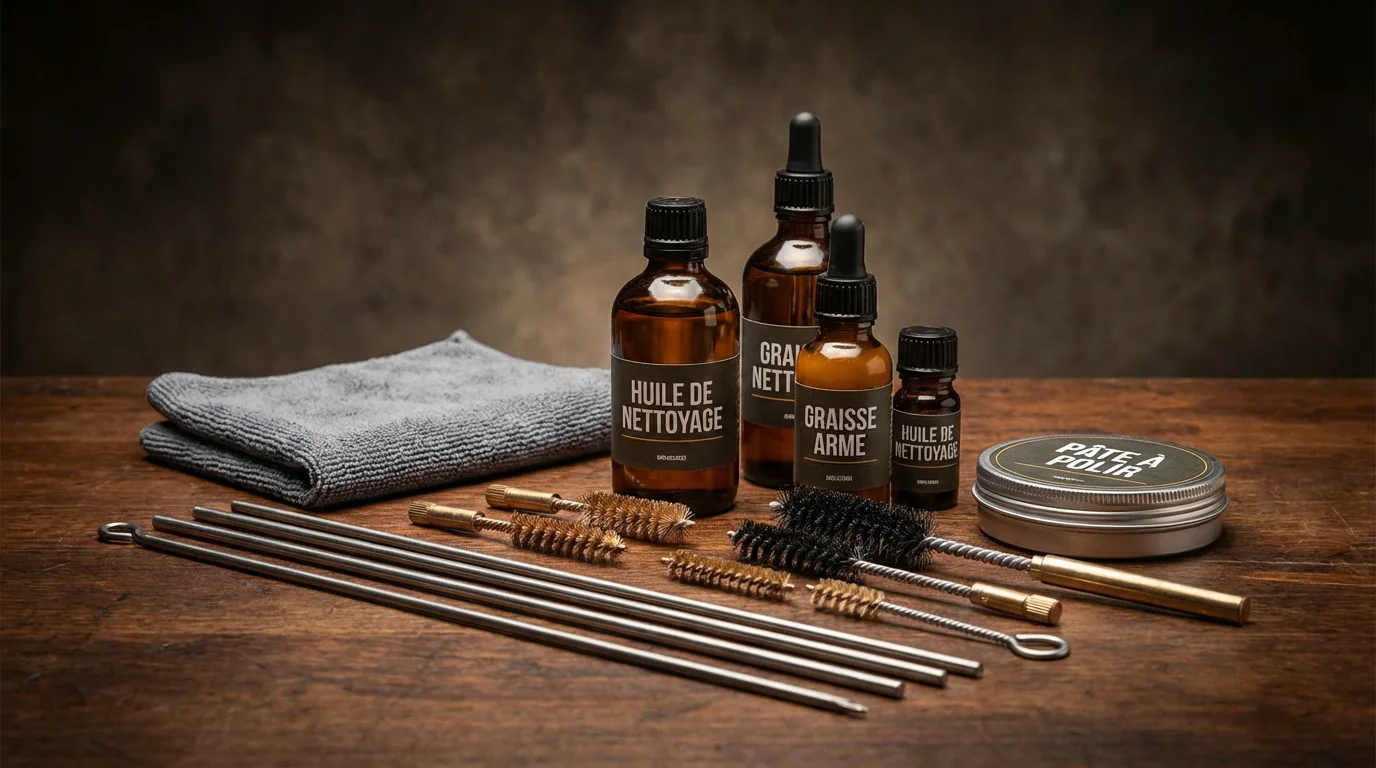 Outils d'entretien et de nettoyage pour armes à feu disposés sur un établi