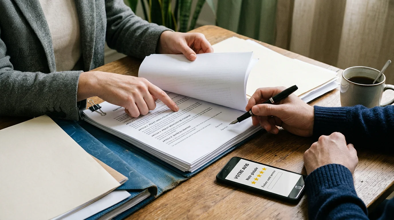 Gros plan de mains examinant des documents juridiques près d'un téléphone affichant une note en étoiles