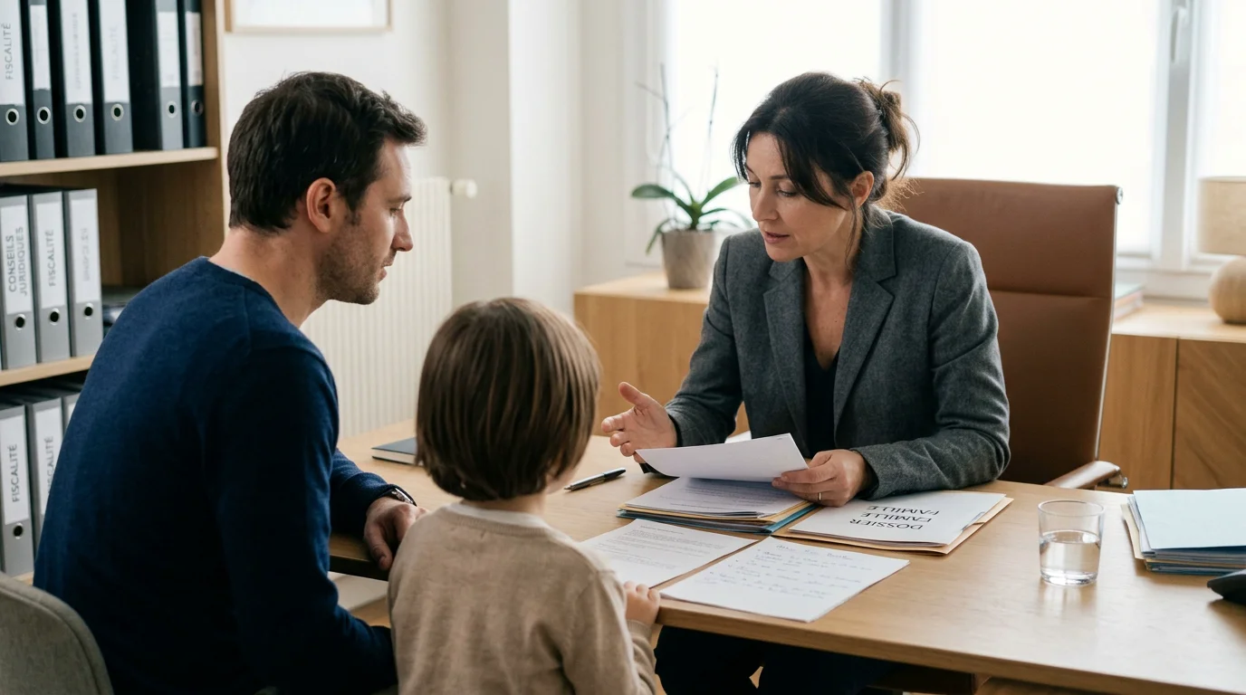 Scène de conseil sobre dans un bureau, un parent et un enfant en discussion avec un professionnel