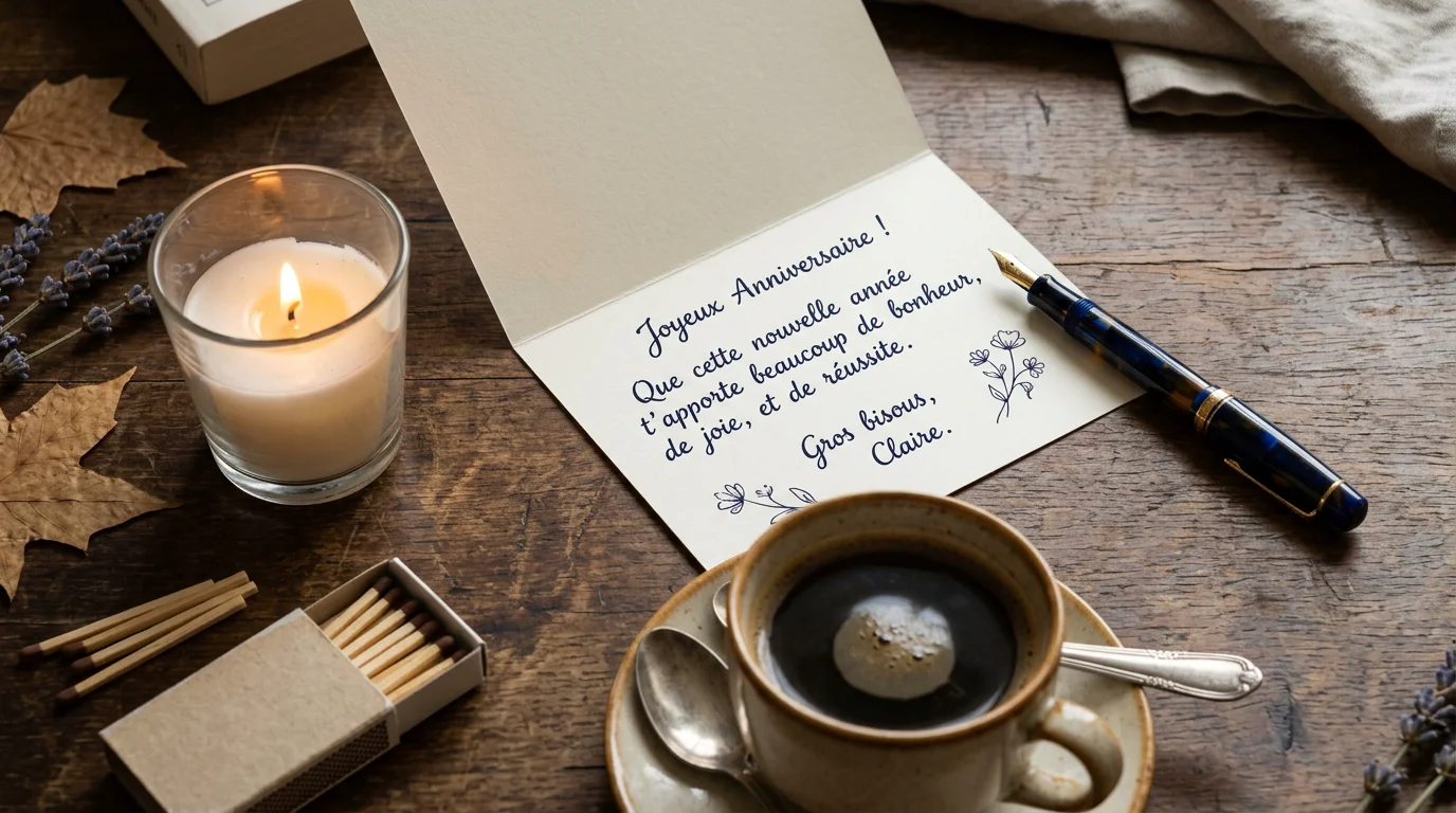 Carte d'anniversaire manuscrite posée près d'une bougie allumée
