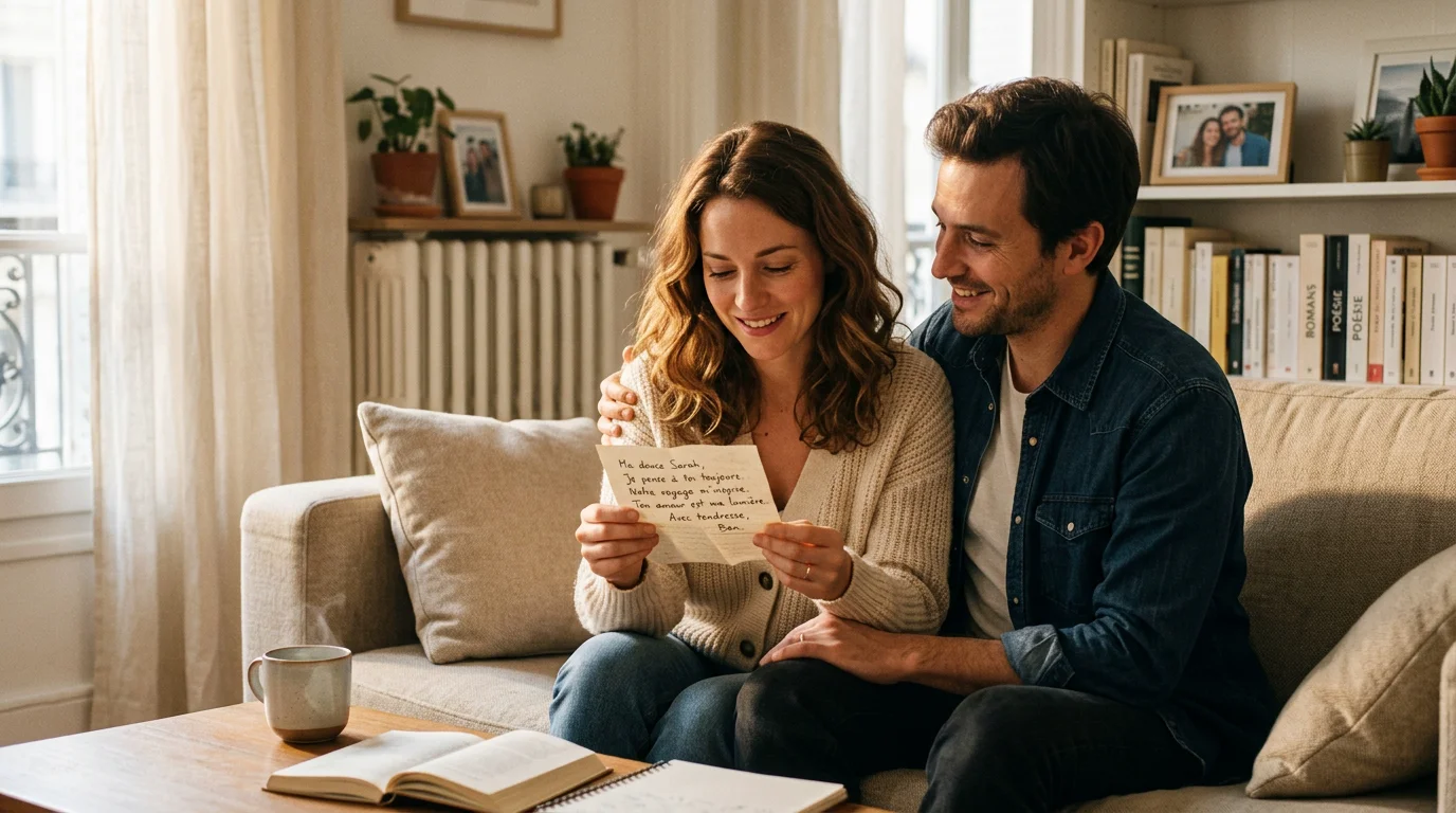 Couple complice lisant un message d'anniversaire à la maison