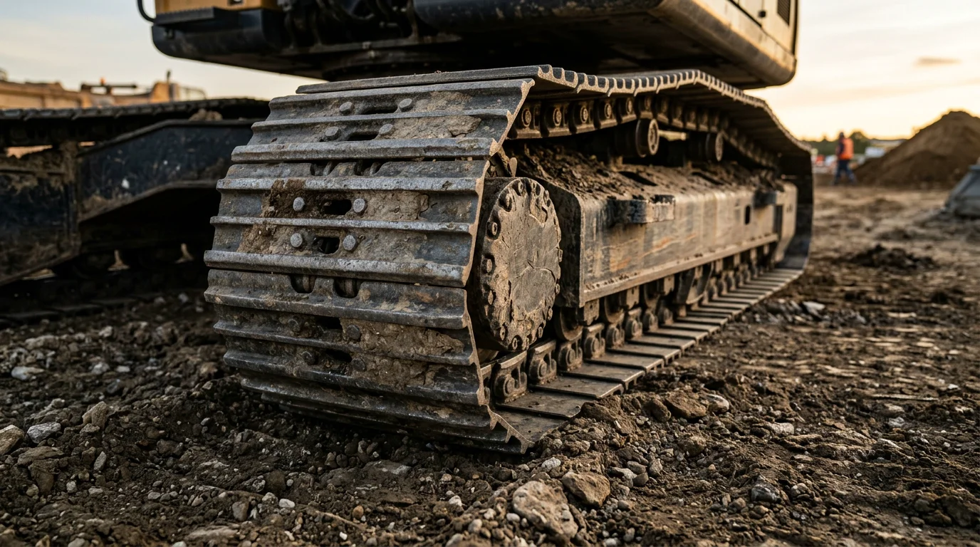 Gros plan d'une chaîne acier de pelle avec tuiles boulonnées sur un chantier
