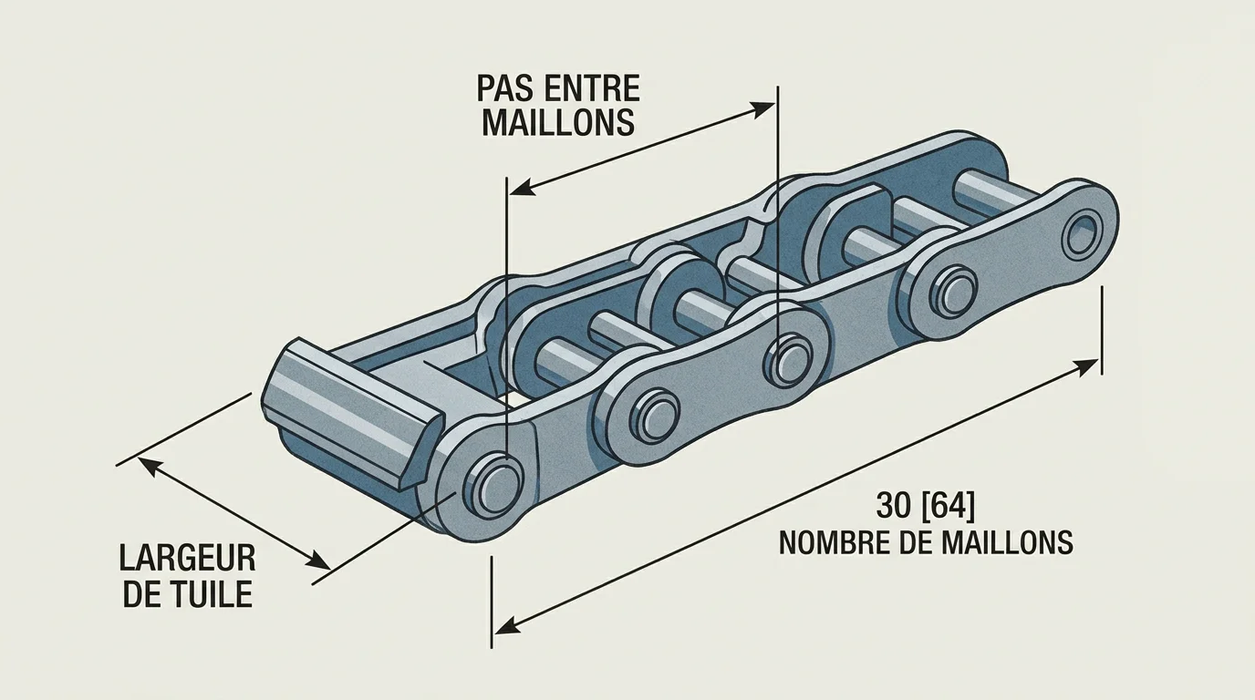 Schéma des trois mesures d'une chaîne de pelle : largeur, pas et nombre de maillons