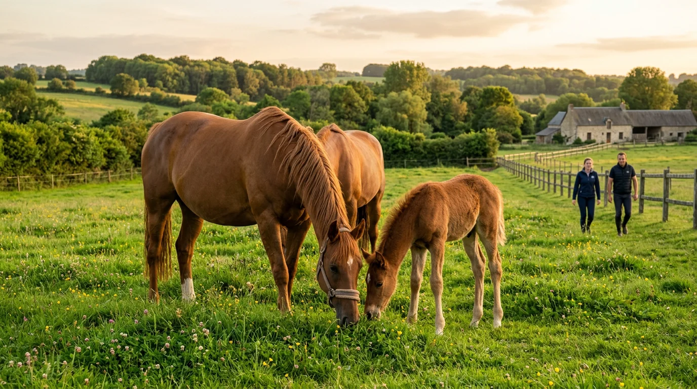 Jument poulinière et son poulain au pré dans une prairie verdoyante au coucher du soleil