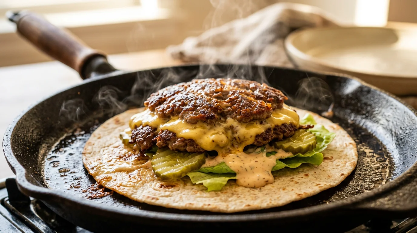 Gros plan sur un tacos burger avec viande smashée croustillante et fromage fondu