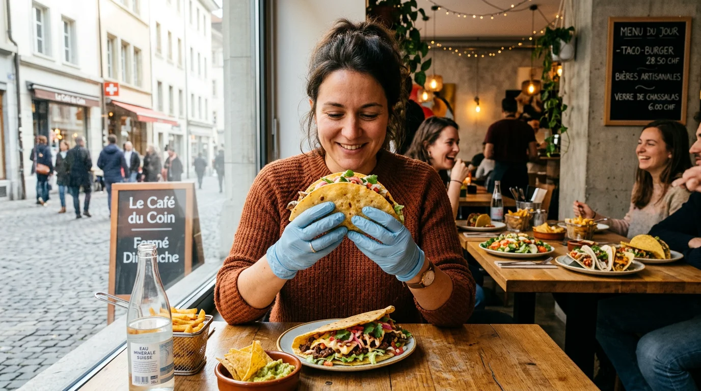 Personne dégustant un tacos burger dans un restaurant convivial à Genève