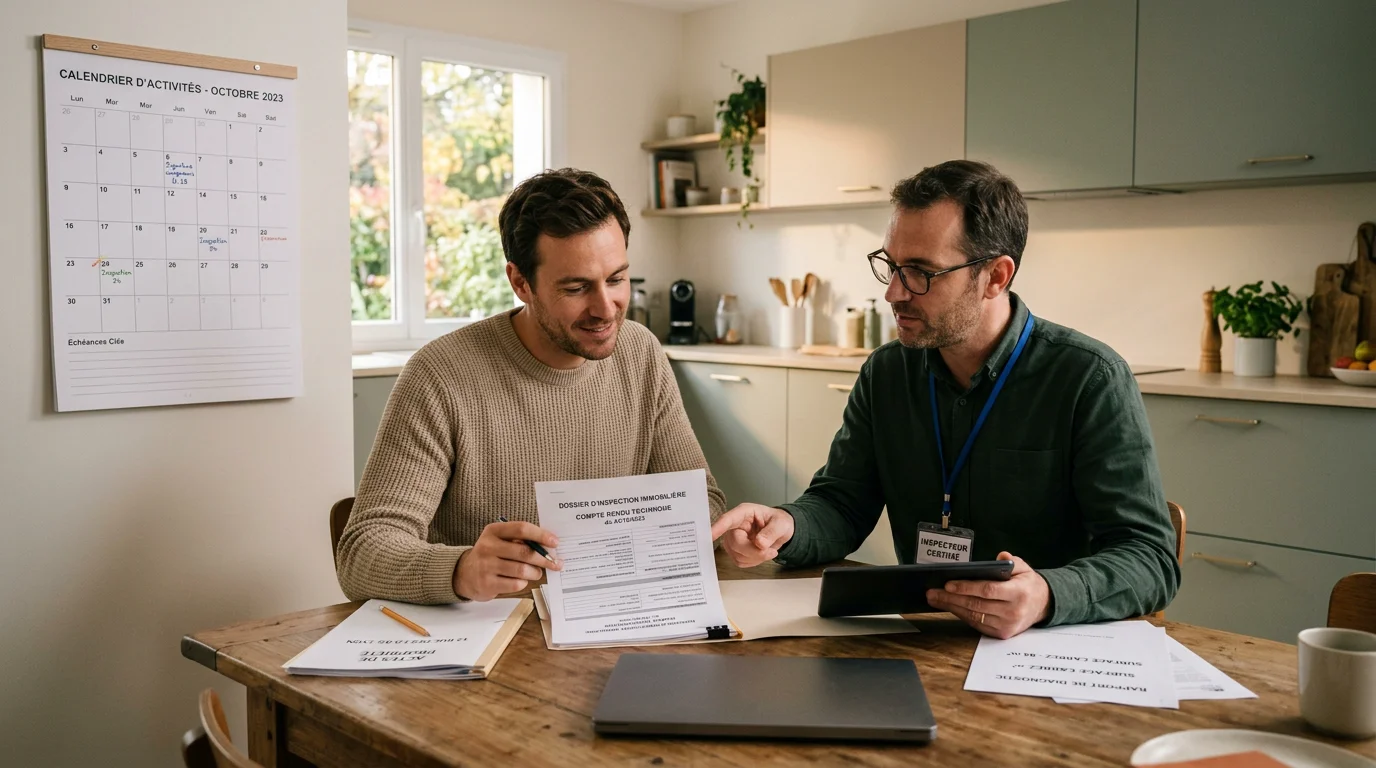 Propriétaire et diagnostiqueur planifiant les diagnostics avant la mise en vente