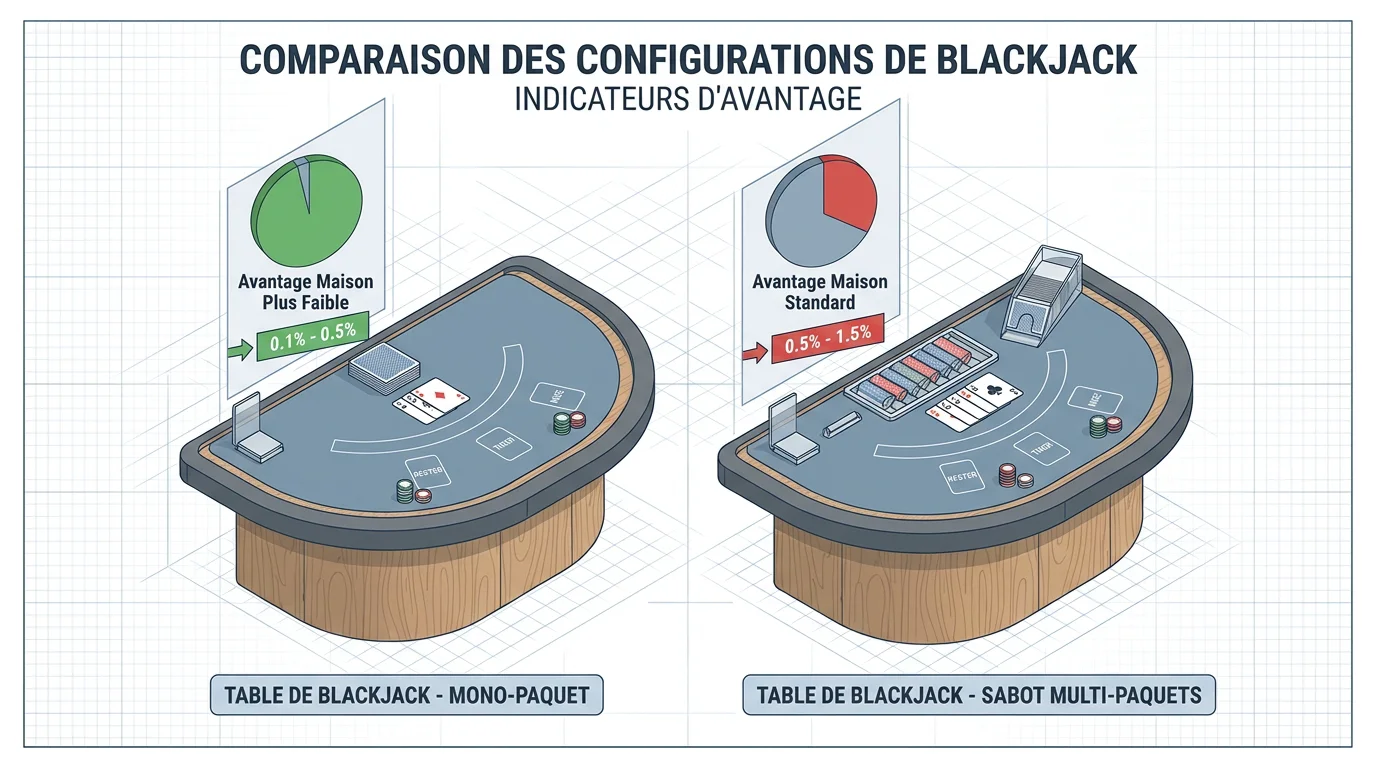 Comparaison visuelle entre un jeu de blackjack à un paquet et un jeu à plusieurs paquets