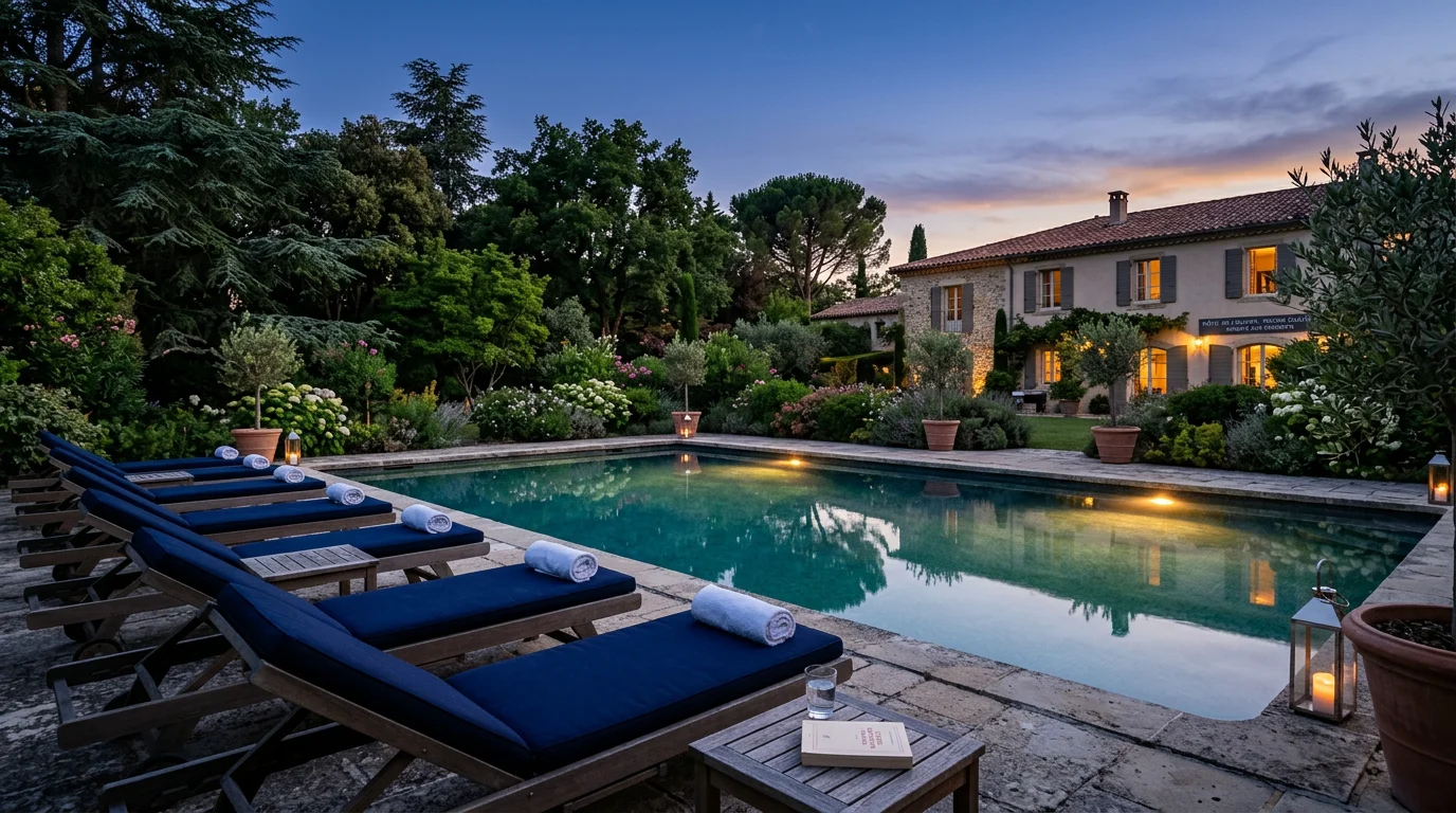 Piscine extérieure chauffée d'un hôtel de charme dans un jardin arboré