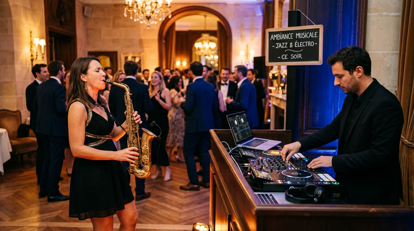 Un saxophoniste jouant en direct aux côtés d'un DJ lors d'une réception élégante
