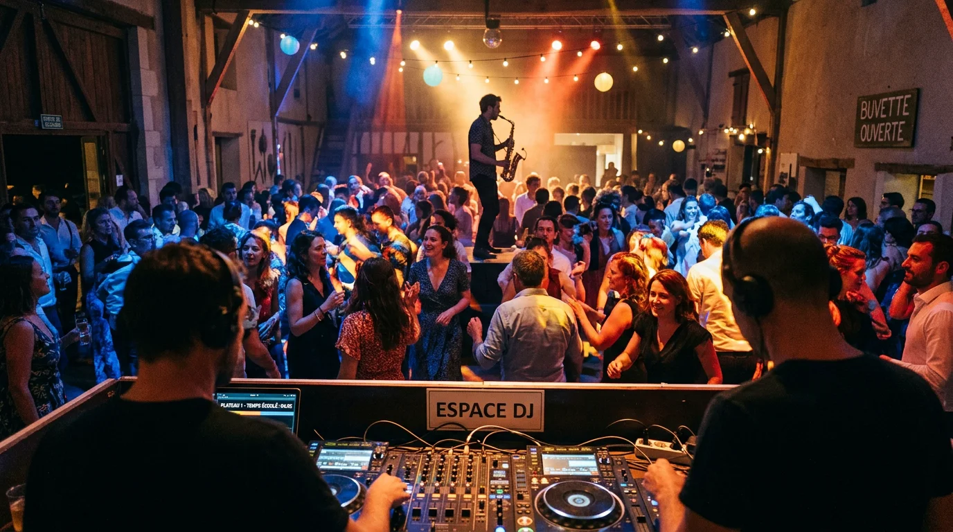 Piste de danse animée par un DJ et un musicien live lors d'une soirée