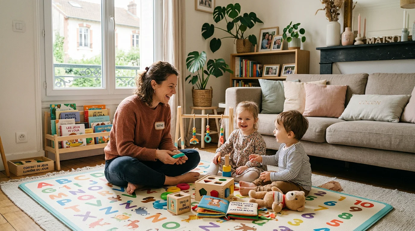 Assistante maternelle jouant avec deux jeunes enfants dans un salon lumineux