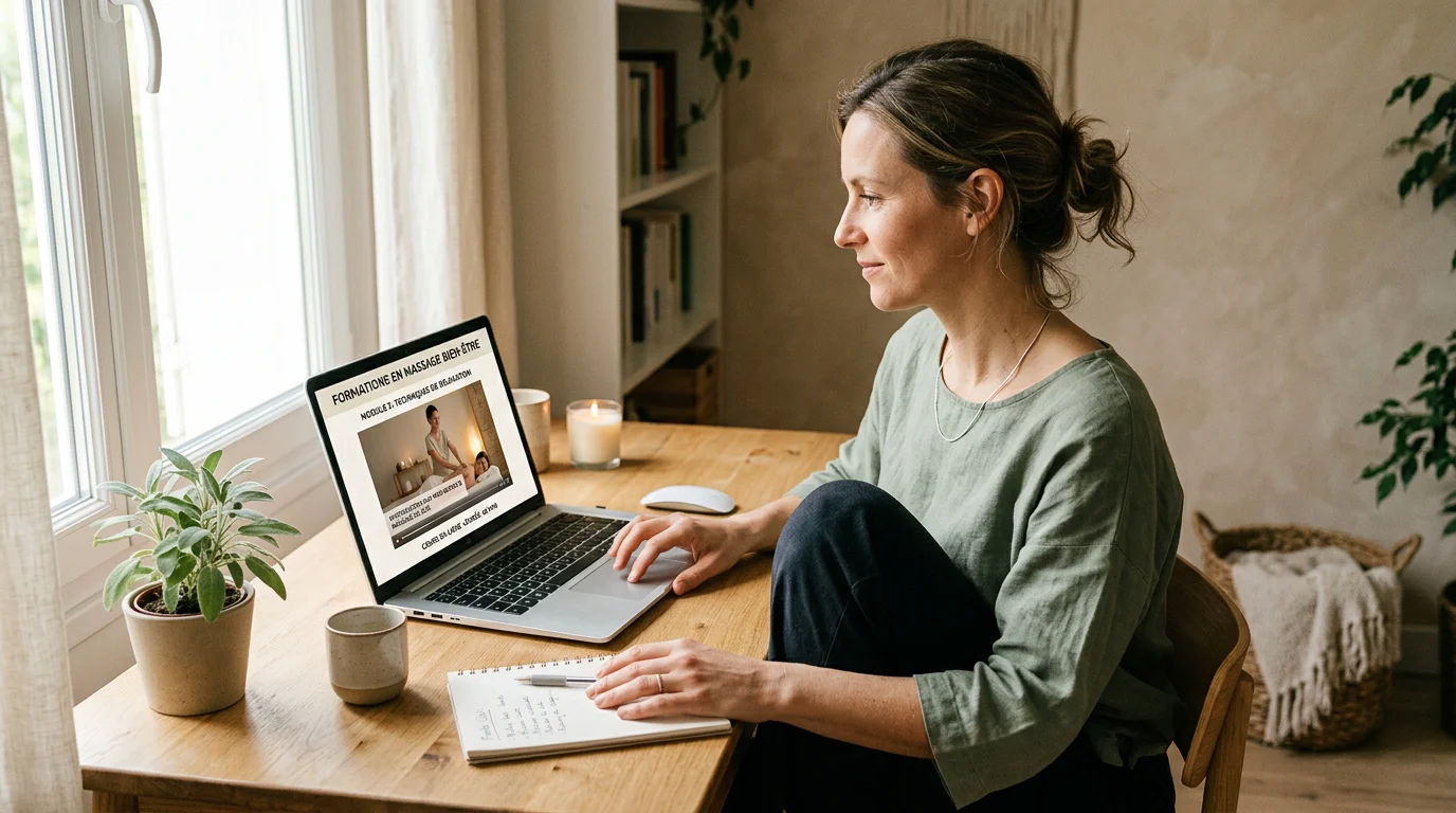 Professionnelle du bien-être suivant une formation massage en ligne sur ordinateur