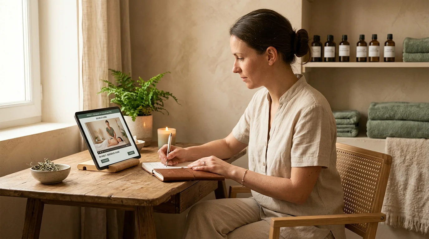 Praticienne suivant une formation massage en ligne sur tablette dans un espace bien-être