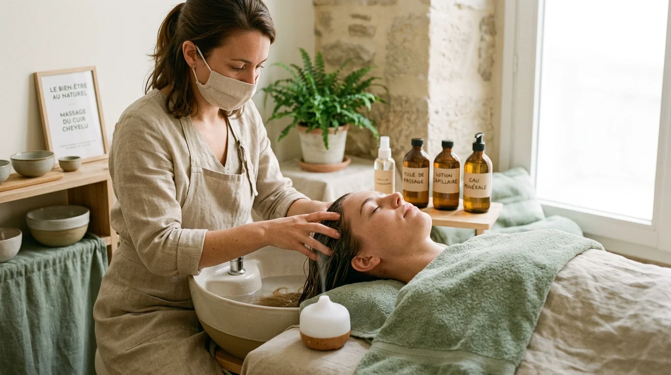 Praticienne réalisant un soin de type Head Spa sur une cliente allongée
