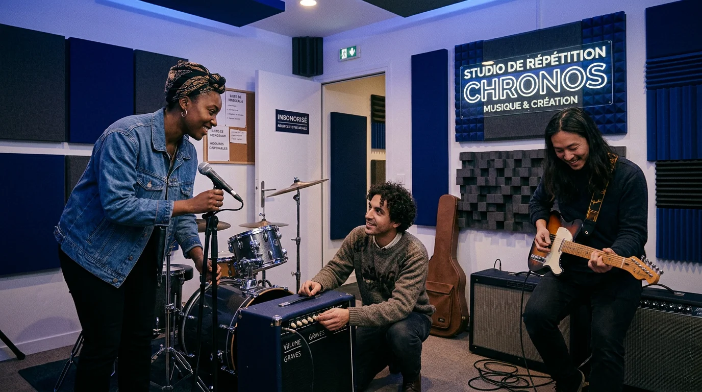 Musiciens diversifiés préparant leur session dans un studio de répétition insonorisé à Paris