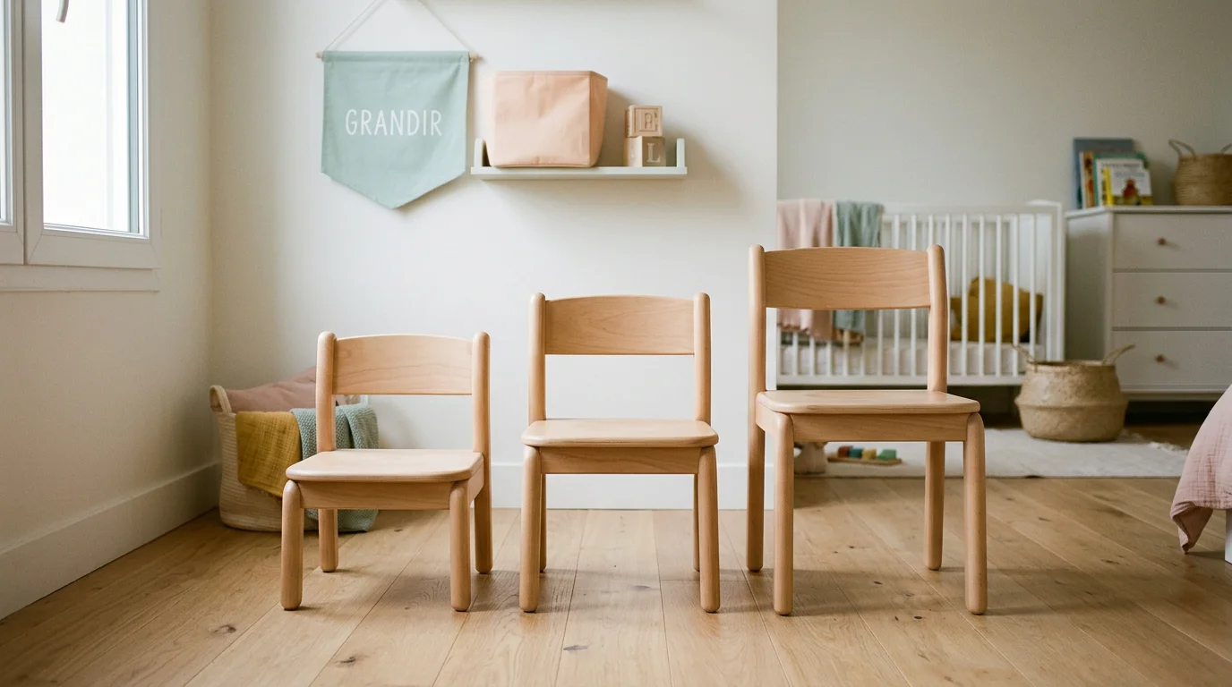 Trois chaises pour enfants de hauteurs croissantes alignées dans une salle de crèche