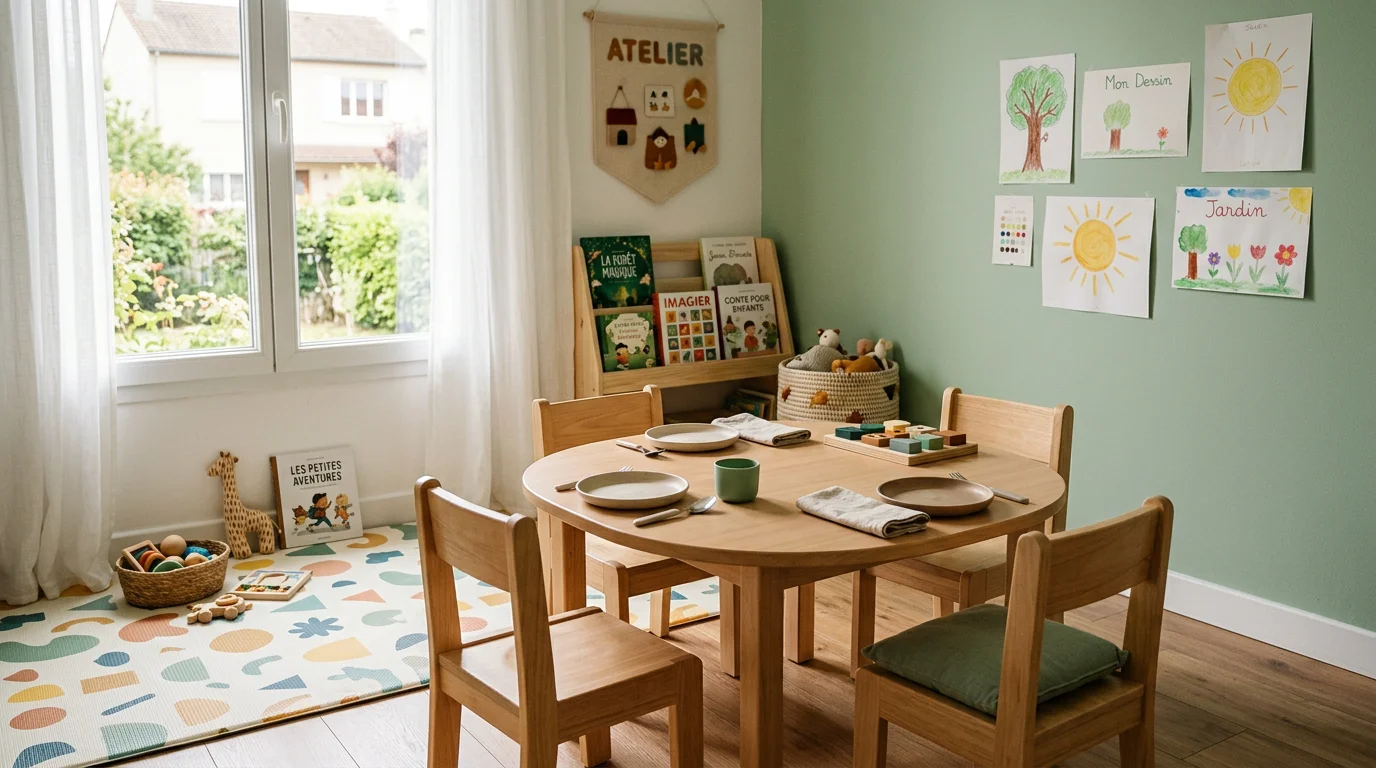 Coin repas et activités d'une crèche avec table ovale et petites chaises assorties