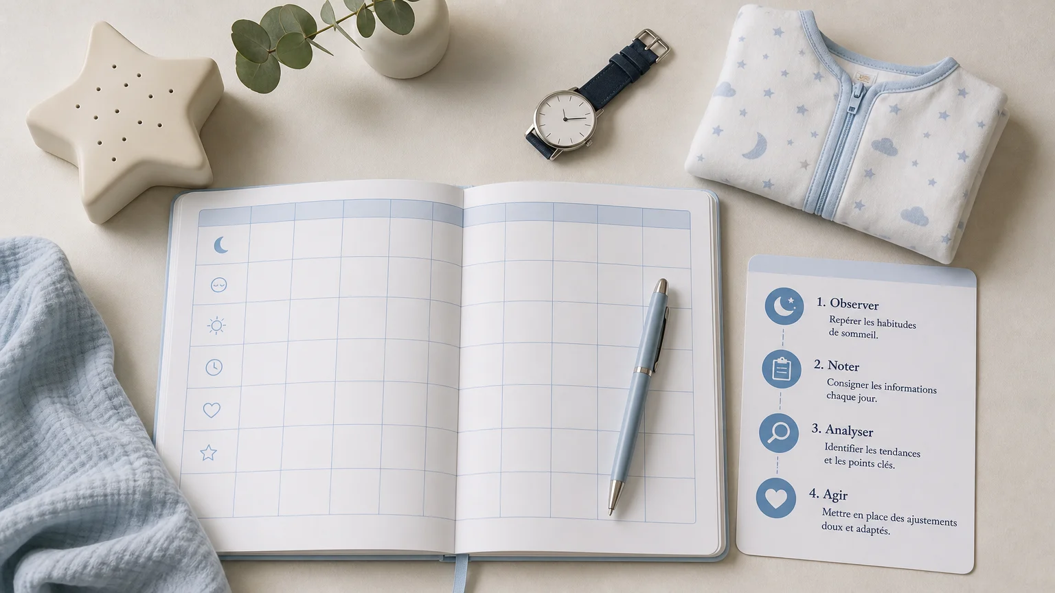 Carnet et objets préparés pour suivre le sommeil d’un bébé
