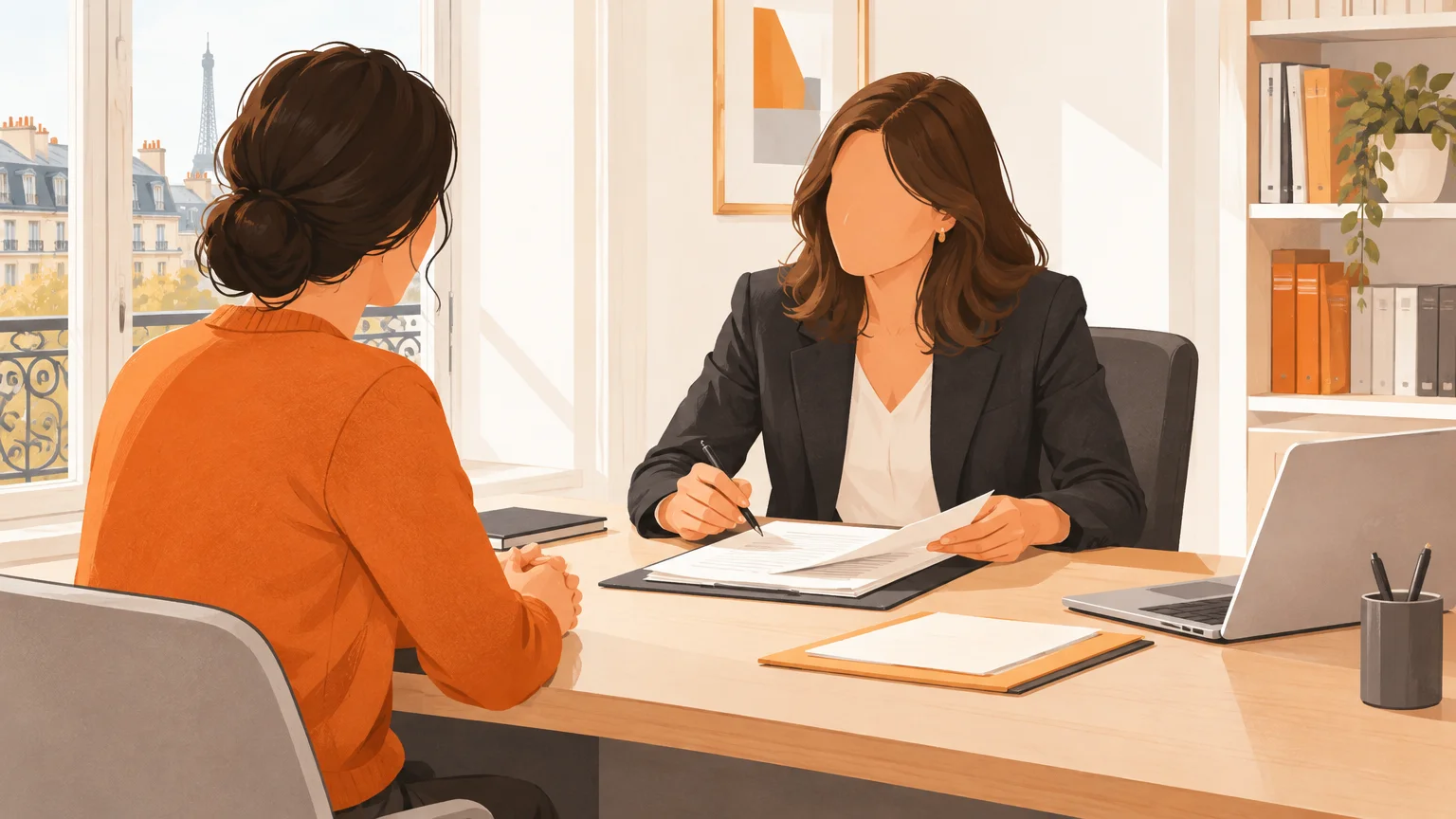 Échange entre une avocate et une personne cliente autour de documents