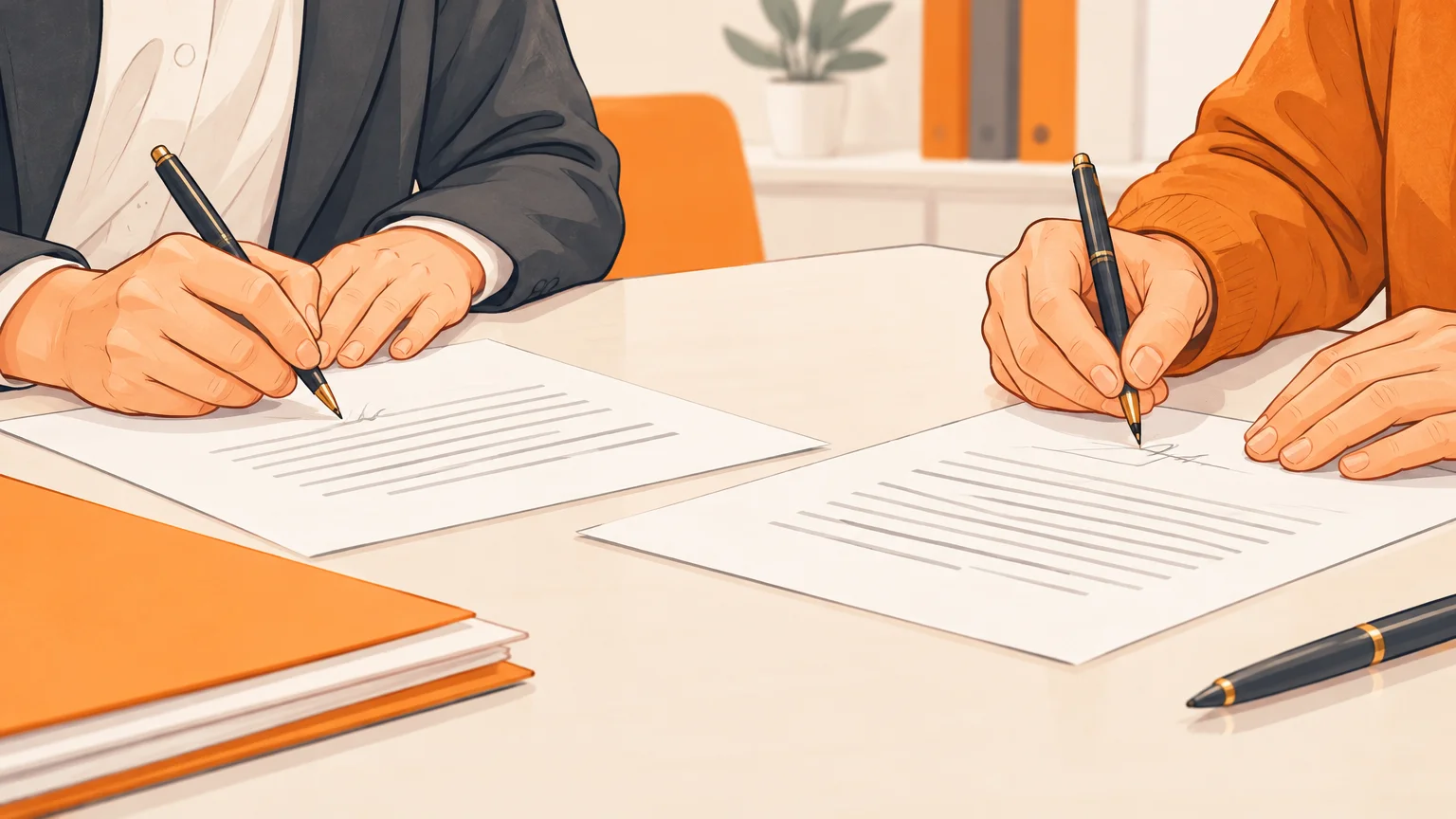 Mains signant une convention sur une table claire