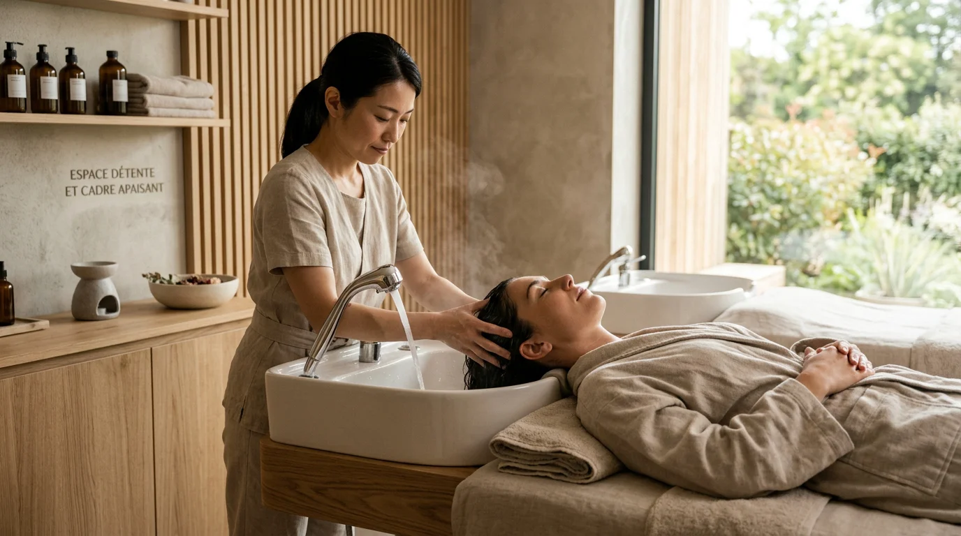 Séance de head spa sur un lit professionnel dans un salon de bien-être