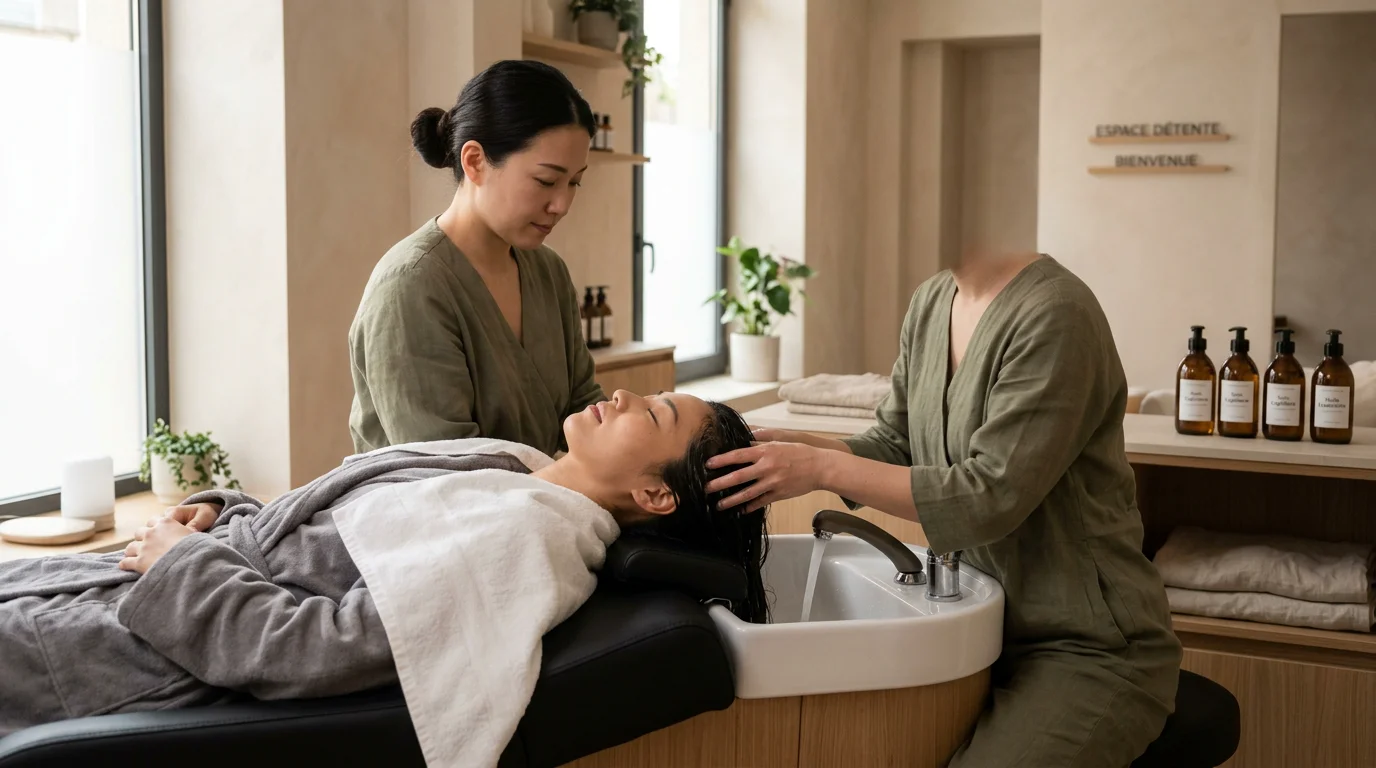 Un lit head spa professionnel installé dans un salon de bien-être lumineux