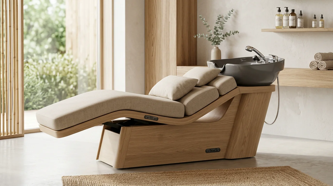 Un lit head spa japonais avec bac intégré présenté en studio