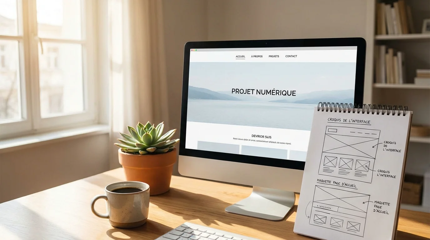 Espace de travail professionnel d'un webmaster avec écran, croquis et café