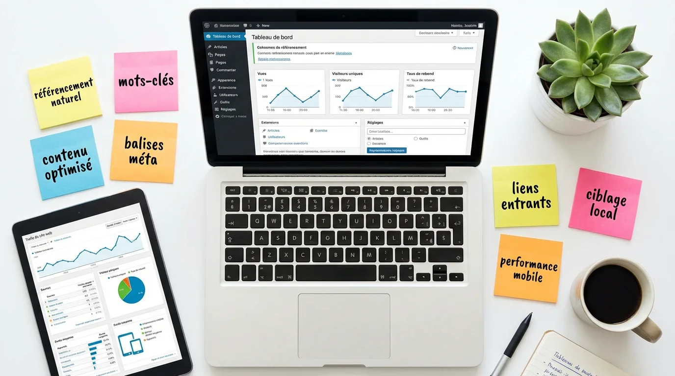 Vue à plat d'un bureau avec tableau de bord WordPress, analytics et notes SEO en français