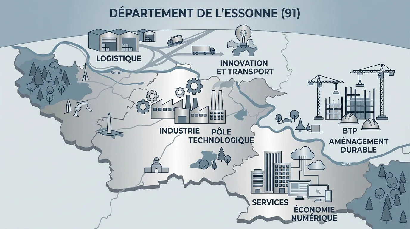 Carte stylisée de l'Essonne avec les secteurs économiques clés pour l'intérim